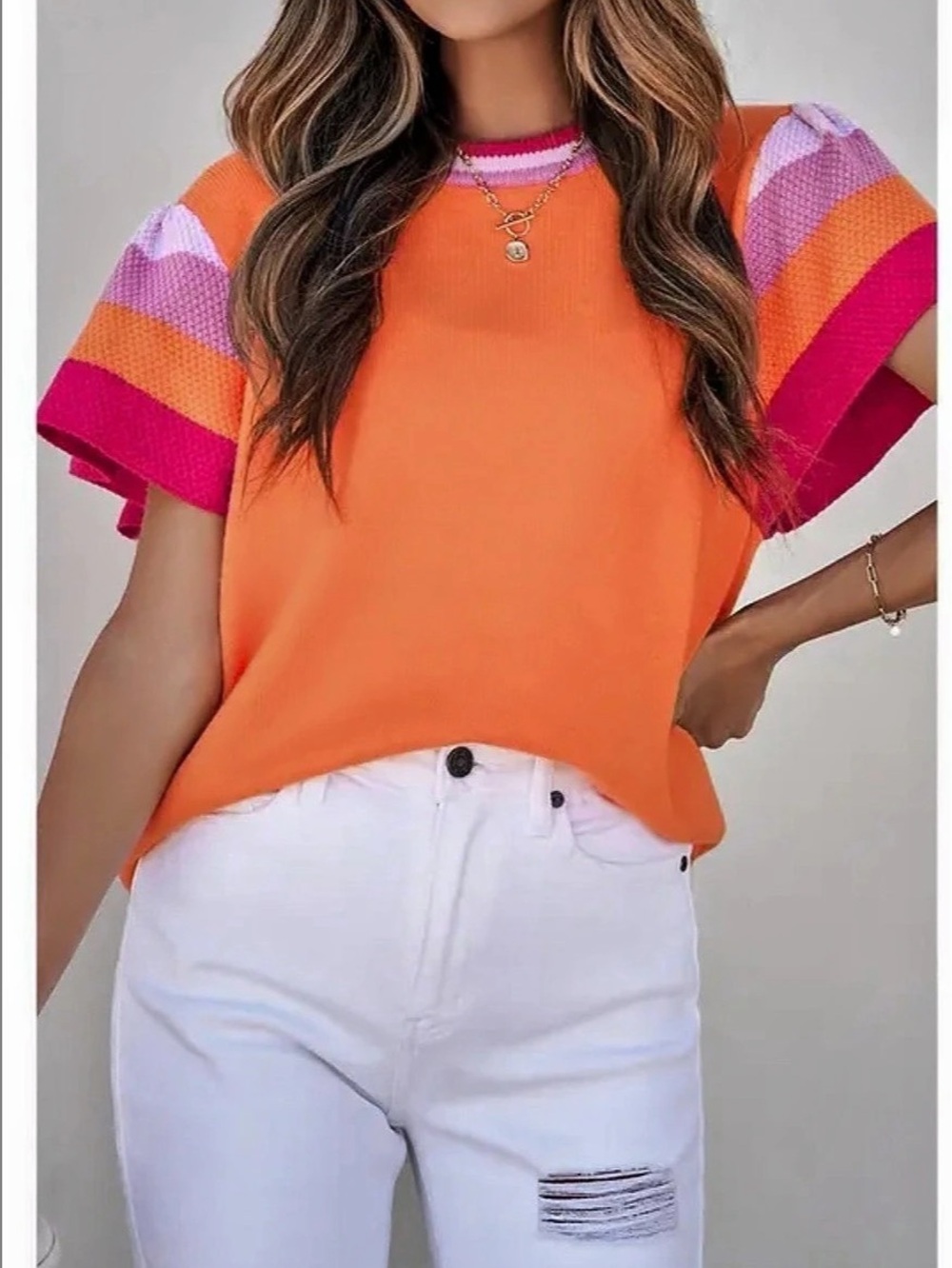 Striped Puff Sleeve Short Sleeve Sweater Knit Top Knit Top in